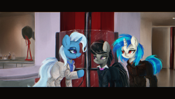Size: 1920x1080 | Tagged: safe, artist:menalia, imported from derpibooru, dj pon-3, octavia melody, trixie, vinyl scratch, earth pony, pony, unicorn, bag, clothes, female, indoors, letterboxing, looking at someone, mafia, mafia octavia, mare, movie reference, pants, raised hoof, scar, scarface, shirt, suit, wallpaper