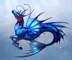 Size: 1280x1068 | Tagged: safe, artist:carota17, imported from derpibooru, oc, oc only, hybrid, merpony, seahorse, blue background, bubble, dorsal fin, fish tail, flowing tail, looking up, ocean, simple background, solo, swimming, tail, underwater, water, yellow eyes