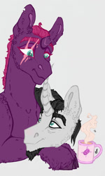 Size: 692x1155 | Tagged: safe, artist:skior, imported from derpibooru, chancellor neighsay, fizzlepop berrytwist, tempest shadow, pony, unicorn, broken horn, coffee, coffee mug, female, horn, looking at each other, looking at someone, male, mare, mug, resting, scar, shipping, shipping fuel, stallion, straight, tempest neighsay