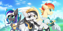 Size: 3600x1821 | Tagged: safe, artist:strafe blitz, imported from derpibooru, oc, oc only, oc:flaming dune, oc:keeper night river's, oc:storm cloud river's, pegasus, pony, armor, mouth hold, sword, sword art online, trio, weapon