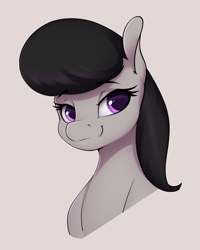 Size: 1926x2410 | Tagged: safe, artist:aquaticvibes, imported from derpibooru, octavia melody, earth pony, pony, black mane, bust, eyelashes, female, gray coat, high res, mare, pink background, purple eyes, simple background, smiling, solo