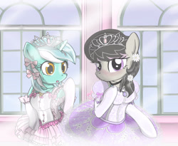 Size: 3300x2700 | Tagged: safe, artist:avchonline, imported from derpibooru, lyra heartstrings, octavia melody, earth pony, semi-anthro, unicorn, ballerina, ballet, blushing, canterlot royal ballet academy, clothes, cute, dress, jewelry, lyrabetes, slippers, tavibetes, tiara, tutu