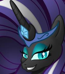 Size: 632x718 | Tagged: safe, artist:memprices, imported from derpibooru, nightmare rarity, pony, unicorn, bust, clip studio paint, crown, evil grin, female, gem, grin, head, jewelry, looking at you, mare, portrait, regalia, shading, smiling, solo, wip