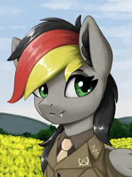 Size: 3120x4200 | Tagged: safe, artist:闪电_lightning, imported from derpibooru, oc, oc only, oc:anja snow, pegasus, equestria at war mod, clothes, cute, cute little fangs, fangs, military uniform, multicolored hair, necktie, uniform