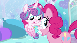 Size: 1280x720 | Tagged: safe, imported from derpibooru, screencap, pinkie pie, princess flurry heart, alicorn, earth pony, pony, season 6, the crystalling, baby, baby pony, cute, duo, duo female, eye scream, eyeball, female, flurrybetes, foal, hug, mare