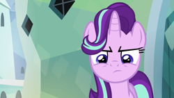 Size: 1280x720 | Tagged: safe, imported from derpibooru, screencap, starlight glimmer, pony, unicorn, season 6, the crystalling, annoyed, frown, implied spike, narrowed eyes, reaction image, solo, starlight glimmer is not amused, unamused