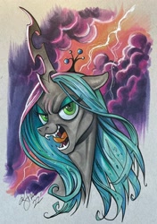 Size: 1438x2048 | Tagged: safe, artist:andypriceart, imported from derpibooru, queen chrysalis, changeling, changeling queen, fangs, female, lightning, looking at you, marker drawing, solo, tongue out, traditional art