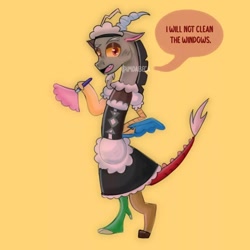 Size: 1080x1080 | Tagged: safe, artist:imdabeca, imported from derpibooru, discord, draconequus, clothes, crossdressing, cute, discute, duster, hand on hip, maid, maid discord, male, simple background, solo, talking, yellow background