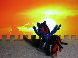 Size: 1024x768 | Tagged: safe, artist:malte279, imported from derpibooru, part of a set, oc, oc only, pegasus, pony, battlements, chenille, chenille stems, chenille wire, craft, diorama, irl, pegasus oc, photo, pipe cleaner sculpture, pipe cleaners, playmobil, sculpture, solo, sunset