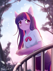 Size: 1800x2400 | Tagged: safe, artist:symbianl, imported from derpibooru, twilight sparkle, human, equestria girls, clothes, earth pony twilight, female, ponied up, pony ears, railing, solo, wingless