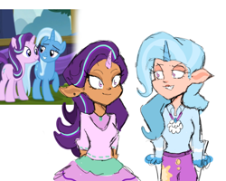 Size: 640x512 | Tagged: safe, artist:charlpp, imported from derpibooru, screencap, starlight glimmer, trixie, human, pony, unicorn, dark skin, elf ears, female, horn, horned humanization, humanized, mare, screencap reference