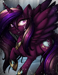 Size: 2550x3300 | Tagged: safe, artist:mychelle, imported from derpibooru, princess cadance, alicorn, pony, ear fluff, feather, female, gem, hoof shoes, horn, mare, nightmare cadance, nightmare heartache, nightmarified, peytral, purple eyes, raised hoof, sad, signature, snow, snowfall, solo, spread wings, sunlight, teary eyes, teeth, wings