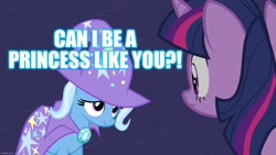 Size: 1280x720 | Tagged: safe, edit, edited screencap, imported from derpibooru, screencap, trixie, twilight sparkle, pony, unicorn, magic duel, cape, clothes, female, hat, mare, trixie's cape, trixie's hat, unicorn twilight