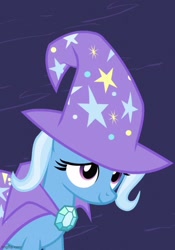 Size: 505x720 | Tagged: safe, edit, edited screencap, imported from derpibooru, screencap, trixie, pony, unicorn, magic duel, brooch, cape, clothes, cropped, female, hat, jewelry, mare, trixie's brooch, trixie's cape, trixie's hat