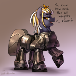 Size: 3000x3000 | Tagged: safe, artist:jedayskayvoker, imported from derpibooru, oc, oc:beatrice, earth pony, pony, fallout equestria, armor, colored, colored sketch, dialogue, dreadlocks, female, full color, gradient background, muscles, muscular female, patreon, patreon reward, power armor, sketch, solo, steel ranger
