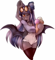 Size: 1124x1220 | Tagged: safe, artist:laityf, imported from derpibooru, oc, oc only, oc:midnight rush, anthro, bat pony, arm hooves, clothes, cute, deviantart watermark, female, food, ice cream, jewelry, looking at you, necklace, obtrusive watermark, short shirt, simple background, smiling, socks, sunglasses, thigh highs, thighs, thunder thighs, watermark, white background