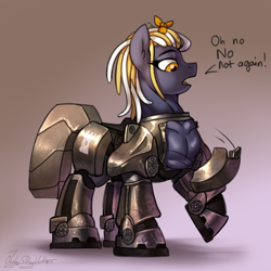 Size: 3000x3000 | Tagged: safe, alternate version, artist:jedayskayvoker, imported from derpibooru, oc, oc:beatrice, earth pony, pony, fallout equestria, armor, colored, colored sketch, dialogue, dreadlocks, female, full color, funny, gradient background, muscles, muscular female, patreon, patreon reward, power armor, sketch, solo, steel ranger