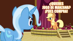 Size: 1280x720 | Tagged: safe, edit, edited screencap, imported from derpibooru, screencap, applejack, trixie, earth pony, pony, unicorn, magic duel, season 3, alicorn amulet, apple, dialogue, el chavo del 8, evil trixie, female, food, mare, reference, spanish, translated in the comments