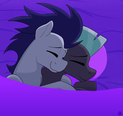 Size: 3624x3418 | Tagged: safe, artist:sefastpone, imported from derpibooru, soarin', thunderlane, pegasus, pony, bed, cuddling, digital art, duo, duo male, gay, male, pillow, shipping, sleeping, smiling, snuggling, soarilane, stallion