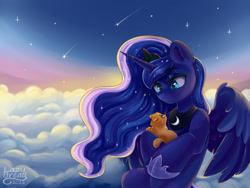 Size: 1280x960 | Tagged: safe, artist:lazybread, imported from derpibooru, princess luna, alicorn, cat, pony, atmosphere, blue coat, blue eyes, cloud, crown, cute, ethereal hair, ethereal mane, female, flying, jewelry, lidded eyes, lunabetes, mare, regalia, shooting star, sky, solo, spread wings, wings