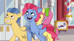 Size: 1280x720 | Tagged: safe, imported from derpibooru, screencap, pipp petals, earth pony, pegasus, pony, spoiler:g5, spoiler:my little pony: tell your tale, spoiler:tyts01e05, alpine aspen, alternate hairstyle, animated, background pony, bow, delightful trifle, female, g1, g1 to g5, g5, generation leap, lemon gear, mane melody, mare, maretime bay, minty skylark, my little pony: tell your tale, phone, posey bloom, singing, sound, unnamed character, unnamed pony, webm