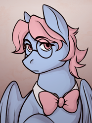 Size: 1040x1400 | Tagged: safe, artist:bunnyshrubby, imported from derpibooru, wind whistler, pegasus, bowtie, bust, g1, glasses, solo
