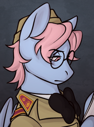 Size: 1040x1400 | Tagged: safe, artist:bunnyshrubby, imported from derpibooru, wind whistler, pegasus, equestria at war mod, bowtie, bust, clothes, g1, glasses, solo, uniform