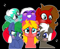 Size: 4300x3500 | Tagged: safe, artist:chocolate, imported from derpibooru, oc, oc:cinnamon swirl, oc:deedee, oc:emerald wave, oc:majestic circlet, oc:pewter, oc:zap transfer, merpony, pony, unicorn, blushing, group hug, group photo, hug, markings