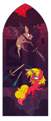 Size: 1254x3000 | Tagged: safe, artist:k-irie, imported from derpibooru, oc, oc:cinnamon swirl, oc:senka stargazer, pony, succubus, unicorn, fight, glaive, knife, magic, stained glass, stained glass window, sword, weapon