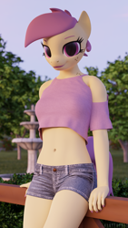 Size: 3240x5760 | Tagged: safe, artist:hunterz263, imported from derpibooru, oc, oc only, oc:violet heart, anthro, earth pony, 3d, absurd resolution, anthro oc, blender, clothes, earth pony oc, female, fountain, looking at you, midriff, nexgen, not sfm, outdoors, shorts, shoulderless, smiling, smiling at you, solo, tree