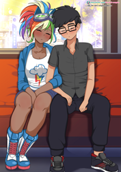 Size: 877x1240 | Tagged: safe, artist:the-dark-mangaka, imported from derpibooru, kotobukiya, rainbow dash, oc, human, blushing, canon x oc, clothes, cutie mark on clothes, dark skin, duo, eyes closed, female, glasses, goggles, humanized, kotobukiya rainbow dash, male, shoes, shorts, sitting, sleeping, smiling, straight