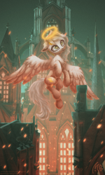 Size: 2160x3600 | Tagged: safe, artist:muggod, imported from derpibooru, oc, oc only, oc:gold.de, pegasus, pony, building, castle, chest fluff, female, fluffy, flying, gothic, halo, high res, mare, outdoors, pegasus oc, raised hoof, solo, window, wings