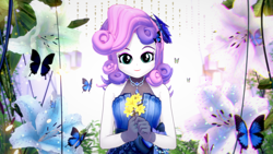 Size: 1920x1080 | Tagged: safe, artist:ratachu666, imported from derpibooru, sweetie belle, butterfly, human, equestria girls, 3d, clothes, dress, gloves, koikatsu, looking at you, smiling, smiling at you, solo