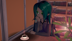 Size: 2560x1440 | Tagged: safe, artist:ratachu666, imported from derpibooru, queen chrysalis, human, equestria girls, 3d, arm warmers, book, bookshelf, clothes, coffee, cup, equestria girls-ified, female, hand, hand on chin, koikatsu, shirt, sitting, solo