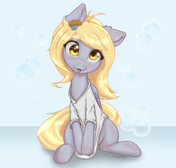 Size: 1500x1431 | Tagged: safe, artist:inkypuso, imported from derpibooru, derpy hooves, pegasus, pony, :p, alternate hairstyle, blushing, bubble, clothes, comments locked down, cute, derpabetes, female, full body, graveyard of comments, hair accessory, hairpin, mare, muffin hairpin, one ear down, shirt, shirt pull, sitting, solo, t-shirt, tongue out