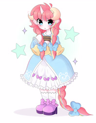 Size: 3757x4760 | Tagged: safe, artist:arwencuack, imported from derpibooru, oc, oc only, oc:nekonin, alicorn, anthro, semi-anthro, arm hooves, braid, clothes, commission, cute, dress, male, pink hair, simple background, solo, stars, trap, white background