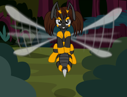 Size: 2744x2103 | Tagged: safe, artist:badumsquish, derpibooru exclusive, imported from derpibooru, oc, oc only, insect, original species, wasp, wasp pony, abdomen, antennae, female, floating, flying, forest, frown, grin, like what you see?, looking at you, pigtails, show accurate, smiling, smirk, solo, stinger