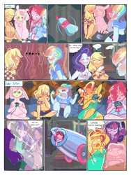 Size: 3000x4000 | Tagged: safe, artist:mlp-cam, artist:mrrowerscream, imported from derpibooru, applejack, fluttershy, pinkie pie, rainbow dash, rarity, sci-twi, starlight glimmer, sunset shimmer, twilight sparkle, human, comic:equestria girls curse and madness, equestria girls, blushing, bunny pajamas, clothes, comic, controller, daisy dukes, female, front knot midriff, gamer sunset, high res, humane five, humane seven, humane six, implied appledash, implied lesbian, implied shipping, midriff, pajamas, party cannon, shorts, speech bubble, spin the bottle, video game