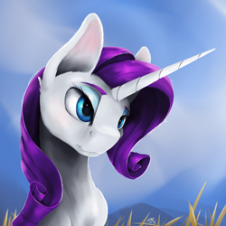 Size: 2160x2160 | Tagged: safe, artist:tenebrisnoctus, imported from derpibooru, rarity, pony, unicorn, bust, cloud, female, field, mare, mountain, mountain range, portrait, signature, sky, smiling, solo