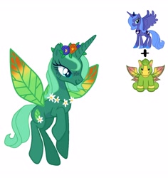 Size: 3266x3464 | Tagged: safe, artist:lavender-bases, artist:vernorexia, imported from derpibooru, princess luna, oc, unnamed oc, alicorn, dryad, unicorn, daisy chain, floral head wreath, flower, flower in hair, flying, fusion, g4, green coat, green hair, jewelry, leaf, leaf wings, necklace, requested art, s1 luna, short hair, simple background, solo, webkinz, webkinz earthly pegasus, white background, wings