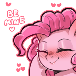 Size: 1159x1159 | Tagged: safe, artist:cold-blooded-twilight, imported from derpibooru, pinkie pie, earth pony, pony, blushing, dialogue, eyes closed, female, heart, mare, simple background, smiling, solo, transparent background, underhoof