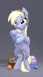 Size: 2160x3840 | Tagged: safe, artist:owlpirate, imported from derpibooru, derpy hooves, pegasus, pony, 3d, basket, bipedal, cute, derp, derpabetes, easter, easter basket, easter egg, egg, female, food, holiday, mare, muffin, pun, smiling, solo, source filmmaker, visual pun