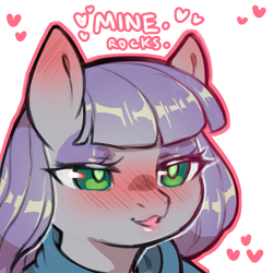 Size: 1159x1159 | Tagged: safe, artist:cold-blooded-twilight, imported from derpibooru, maud pie, earth pony, pony, bedroom eyes, blushing, clothes, dialogue, ear blush, eyeshadow, female, heart, heart eyes, makeup, mare, open mouth, open smile, rock, simple background, smiling, solo, that pony sure does love rocks, transparent background, when she smiles, wingding eyes