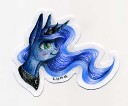 Size: 1505x1249 | Tagged: safe, artist:pessadie, imported from derpibooru, princess luna, alicorn, pony, bust, female, jewelry, mare, peytral, smiling, solo, tiara, traditional art