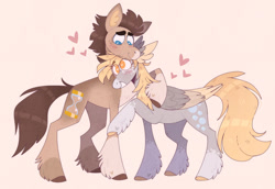 Size: 1280x883 | Tagged: safe, artist:wanderingpegasus, imported from derpibooru, derpy hooves, doctor whooves, time turner, earth pony, pegasus, pony, alternate hairstyle, cute, derpabetes, doctorderpy, duo, female, grin, heart, male, mare, markings, raised hoof, redesign, shipping, smiling, stallion, straight, unshorn fetlocks