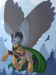 Size: 3558x4724 | Tagged: safe, artist:creed larsen, imported from derpibooru, oc, pegasus, pony, armor, commission, flying, knight, raincoat, solo, wings
