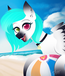 Size: 3000x3500 | Tagged: safe, artist:77jessieponygames77, imported from derpibooru, oc, oc only, pegasus, pony, beach, beach ball, bust, eyelashes, female, heterochromia, mare, pegasus oc, smiling, solo, wings