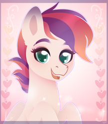 Size: 2600x3000 | Tagged: safe, artist:77jessieponygames77, imported from derpibooru, oc, oc only, pegasus, pony, abstract background, bust, eyelashes, female, heart, mare, pegasus oc, smiling, solo, wings