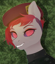 Size: 2800x3300 | Tagged: safe, artist:77jessieponygames77, imported from derpibooru, oc, oc only, earth pony, monster pony, pony, abstract background, beret, bust, clothes, earth pony oc, eyelashes, female, hat, mare, no pupils, purple sclera, red eyes, solo