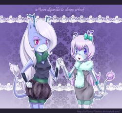 Size: 1300x1200 | Tagged: safe, artist:churobu, imported from derpibooru, oc, oc only, oc:moon sparkle, anthro, deer, hybrid, unideer, antlers, clothes, duo, eyelashes, female, hand on hip, holding hands, scarf, smiling